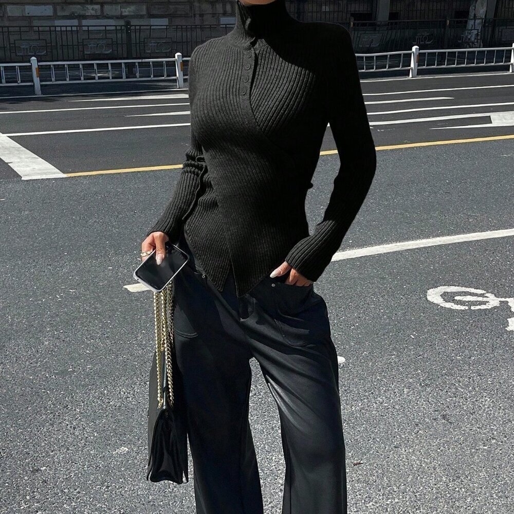 Black Women's High Neck Criss-Cross Hem Sweater top - Picture 6 of 6